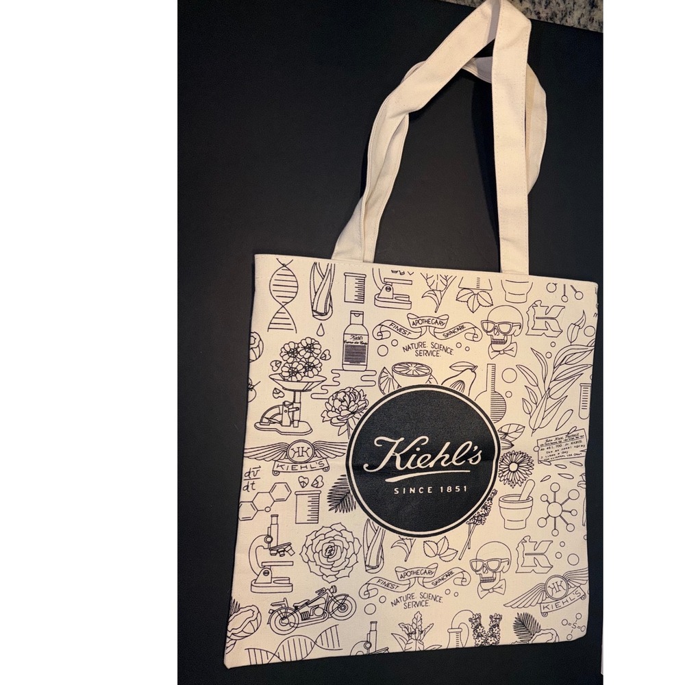 Kiehls Since 1851 Apothecary Graphic Print Canvas Tote Bag Cream Black Shopper